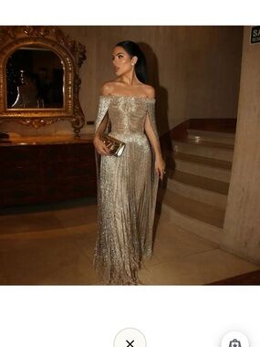 Off-Shoulder Metallic Fringe Evening Dress in Gold
